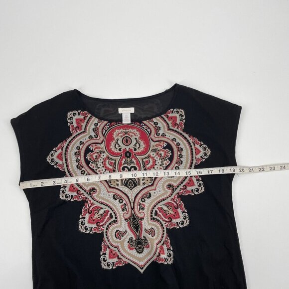 Chico's Black Medallion Leila Cap Sleeve Mesh Nylon Shirt Womens Small Casual - Picture 6 of 7